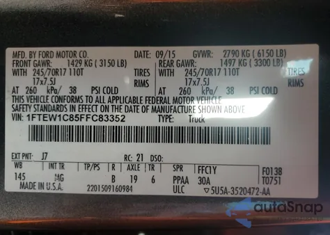 2015 Ford F150 Supercrew z USA, uszkodzony, nr VIN 1FTEW1C85FFC83352